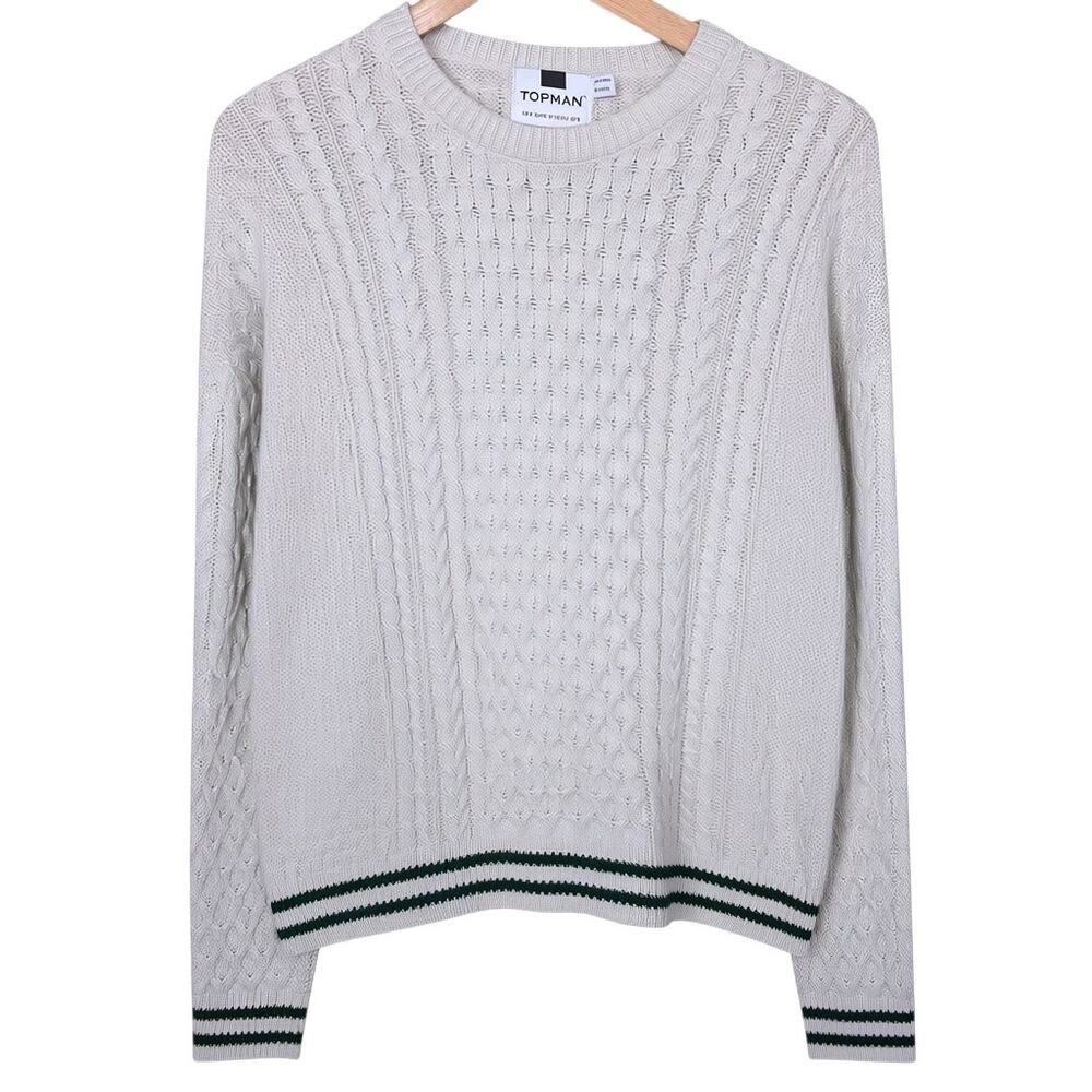 Topman Cable Knit Men's Small Ivory Fisherman Acrylic Sweater Stripe Accents